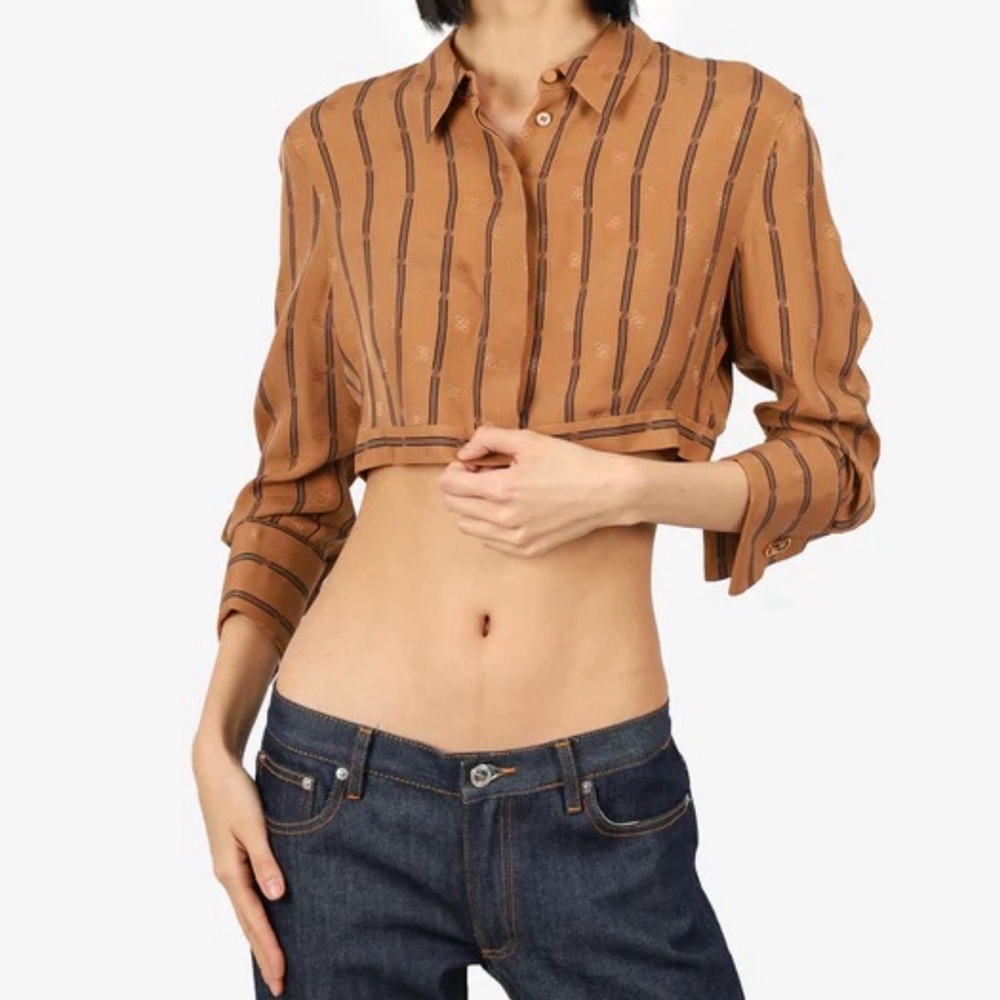 Fendi brown striped silk crop top with FF motif